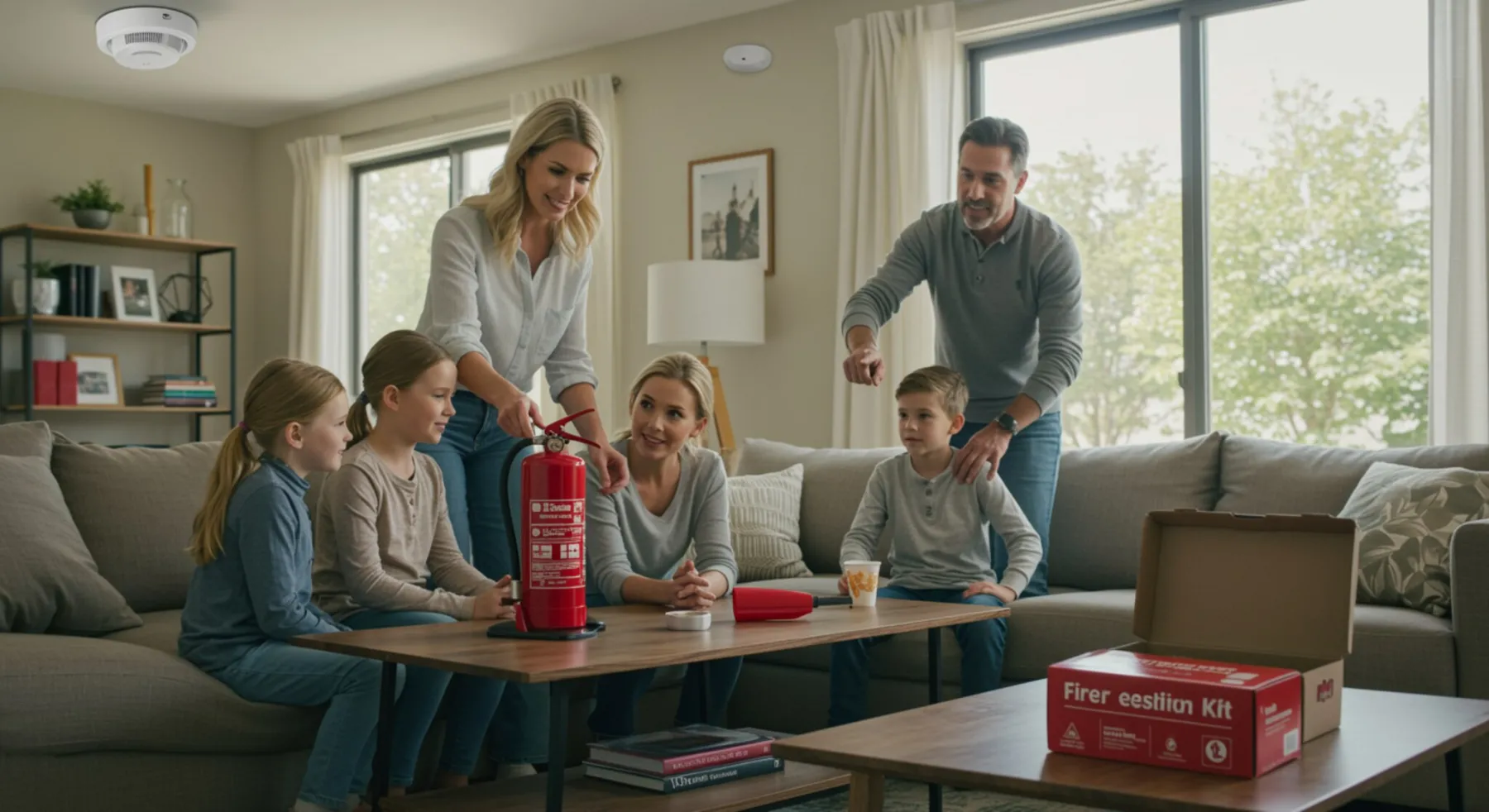 imagen26 "Familia blanca de cuatro personas en un acogedor salón moderno, usando productos de protección contra incendios, incluyendo un extintor portátil rojo y un detector de humo inalámbrico, destacando la seguridad y calidad de los artículos para el hogar."