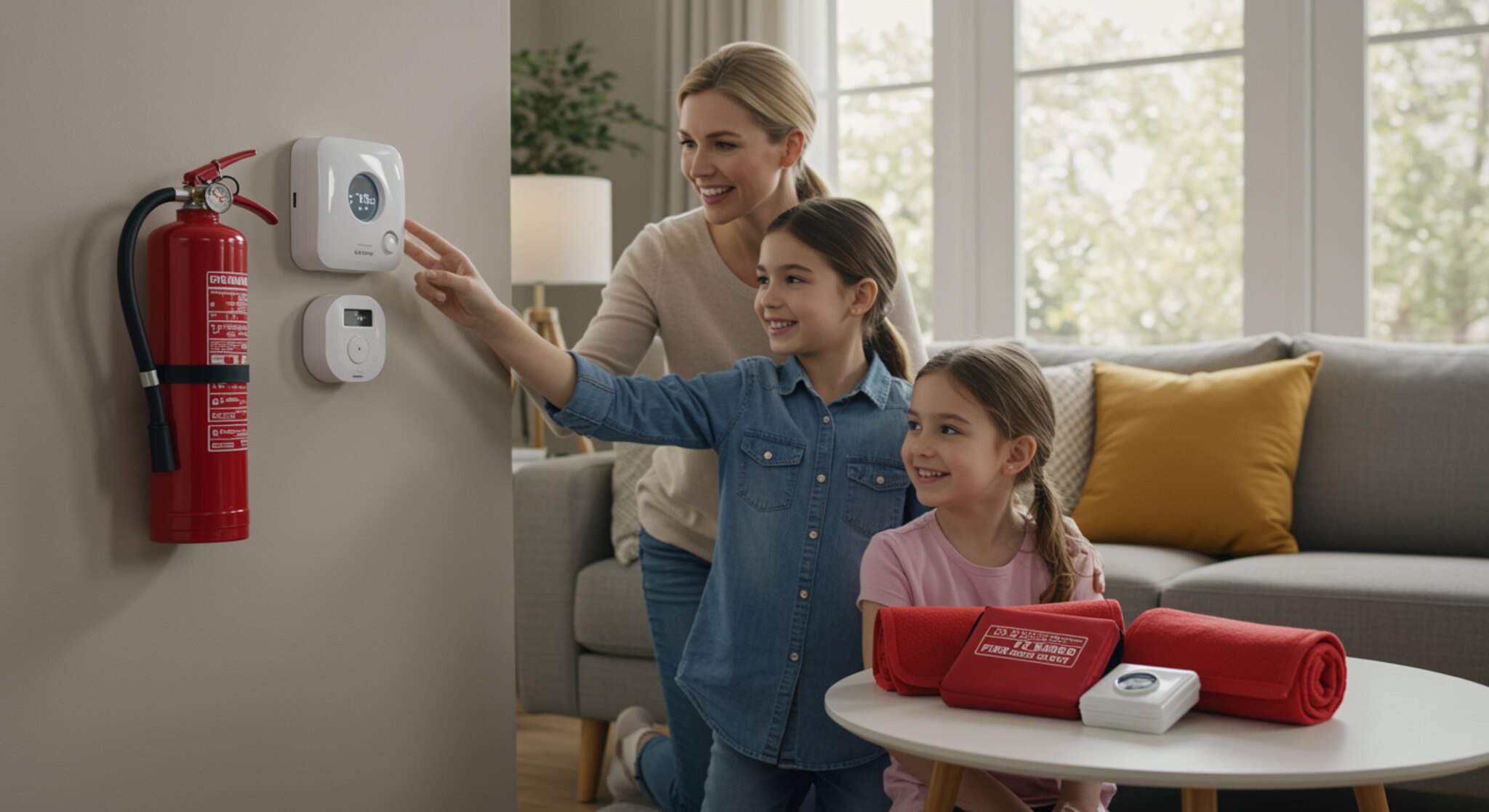 "Imagen de una familia revisando la seguridad contra incendios en un moderno salón, destacando un extintor rojo, un detector de humo y un kit de emergencia, que refleja confianza y protección en el hogar."
